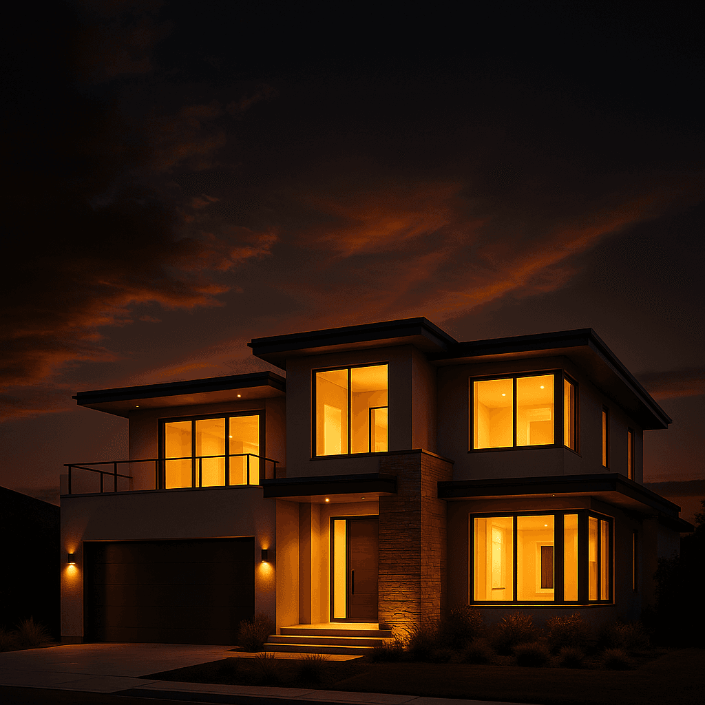 Exterior view of a modern two-story luxury home with large windows and a contemporary facade